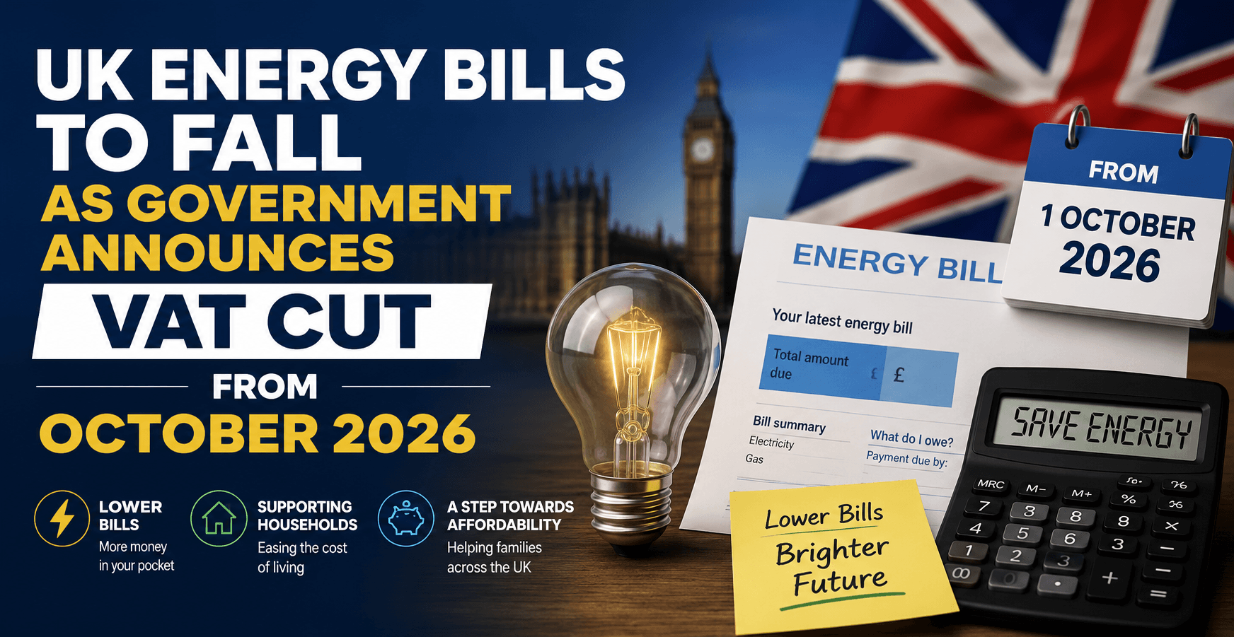 UK Energy Bills to Fall as Government Announces VAT Cut from October 2026